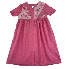 Go Softly Patio Dress L Pink Floral Full Button Smock Neck Mumu Embroidered