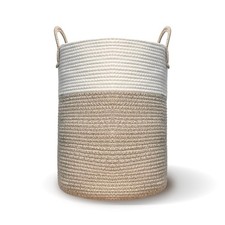 58L Cotton Rope Storage Basket, Large Woven Laundry Hamper with Handles, Whit...