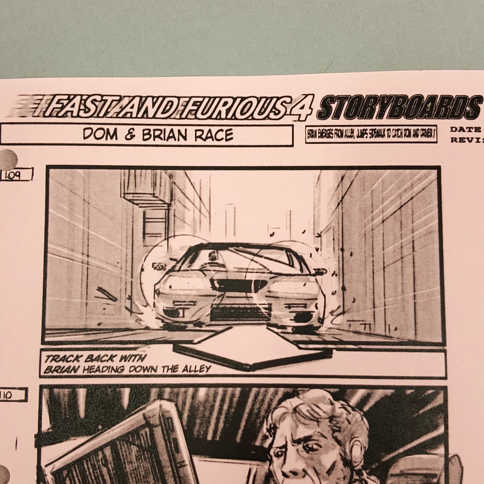 Image 4 of Fast and Furious 4 Production Used Storyboard, Brian Races Through Alley p73 COA