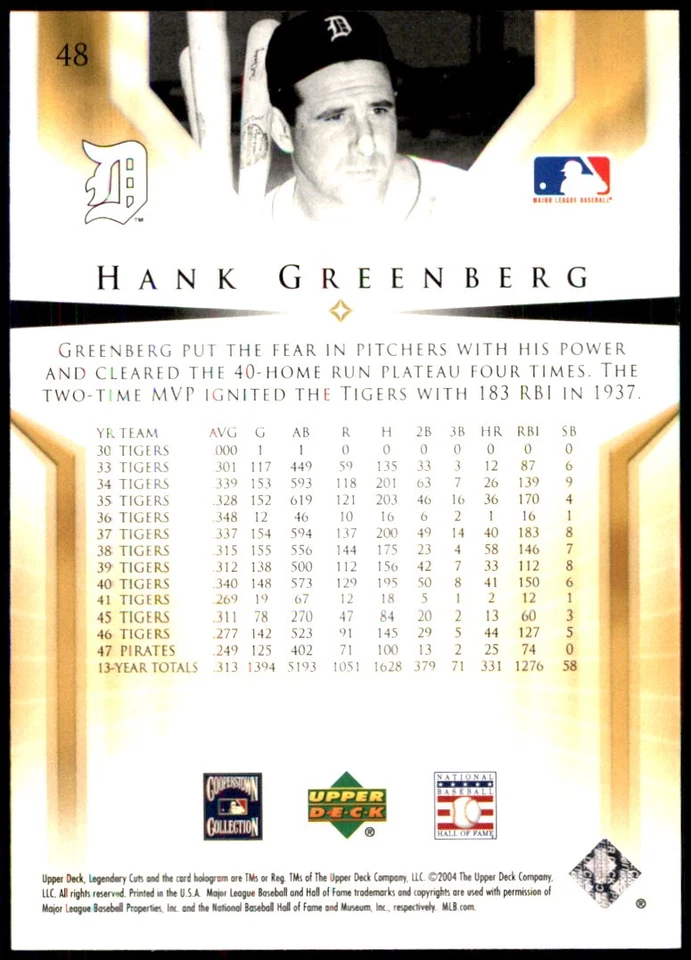 Hank Greenberg 2004 SP Legendary Cuts #48 Tigers MLB READ FREE SHIP AutographDen - Image 2 of 2