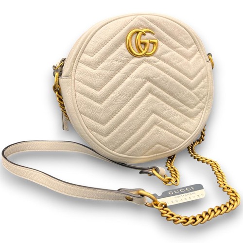 GUCCI Leather Round Crossbody Bag Off White Quilted Chain Strap Used From Japan