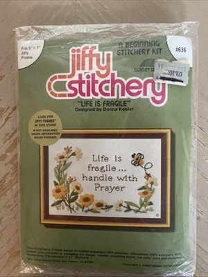 Jiffy Stitchery ''Life is Fragile ... Handle with Prayer'' Vintage Kit  NOS 70 s