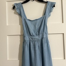 Vtg Ruffled Sleeve Denim Pinafore Dress Lrg Bluejean Jumpsuit Farmhouse Cottage