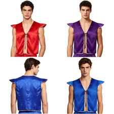 Men Short Vest Gold Trim Shoulder Flap Tie Up Waistcoat Tops Fancy Party Costum