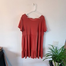 🧡 Pink Rose Rust Terracotta Dress 2X Plus Tiered Babydoll Ruffle Boho Stretch