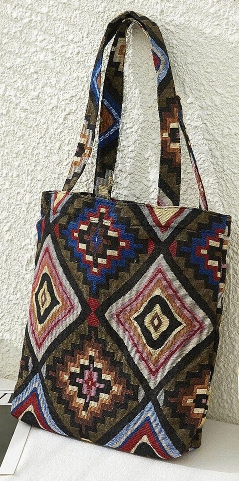 Aztec Pattern Black Canvas Tote With Large Matching Zip Pouch Cosmetic Bag - Image 3 of 4