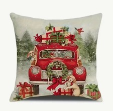 RED CAR PUPPIES HOLIDAY CHRISTMAS Throw Pillow Cover 18x18 Winter Holiday Decor