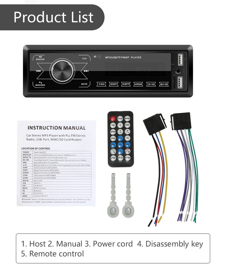 Single DIN Bluetooth In-Dash Car AM/FM Stereo Receiver USB AUX MP3 ...