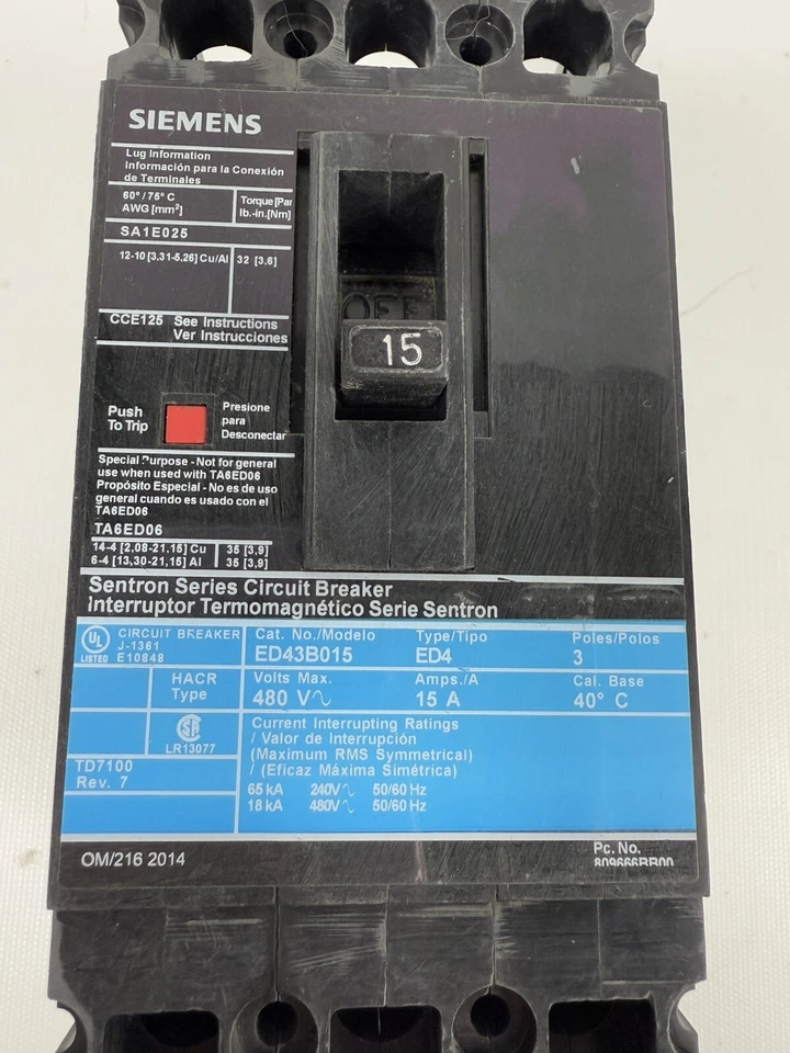 SIEMENS SENTRON SERIES 3P 15A ED43B015 480V CIRCUIT BREAKER 15 AMP, ED4 Tested - Image 2 of 4