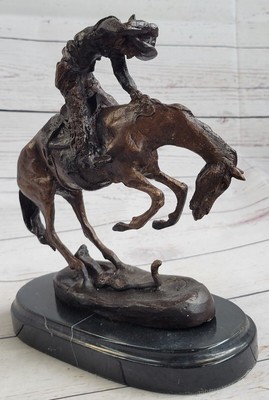 100% Bronze Statue Remington Bronze cowboy w/Horse Sculpture Rattlesnakes Figure