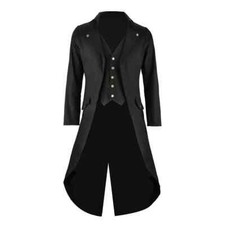 Mens Black Cotton Twill Steampunk Tailcoat Brass Button Jacket Goth Victorian