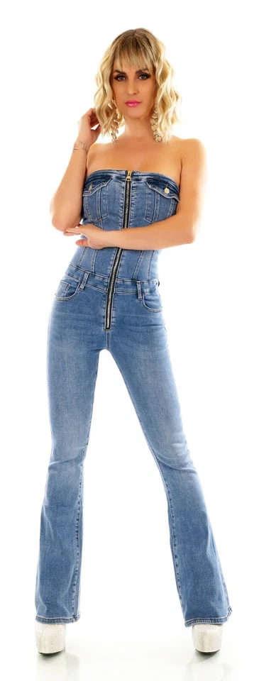 Damen Bandeau Jeansoverall Bootcut Hose Jumpsuit Stretch Denim Zipper XS-XL - Bild 3 von 4