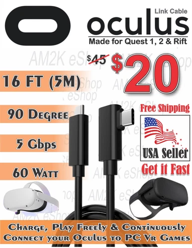 For Oculus Quest 1, 2 & Rift Link Cable 16ft (5m) Super High Speed 5GBps Black