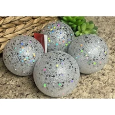 4x LED Silver Glittered Christmas Ornaments LED Holiday Ball Ornaments, 3.5" S5a