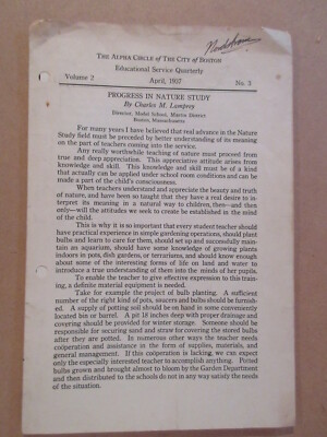 PROGRESS IN NATURE STUDY The Aplpha Circle of the City of Boston 1937 Quarterly