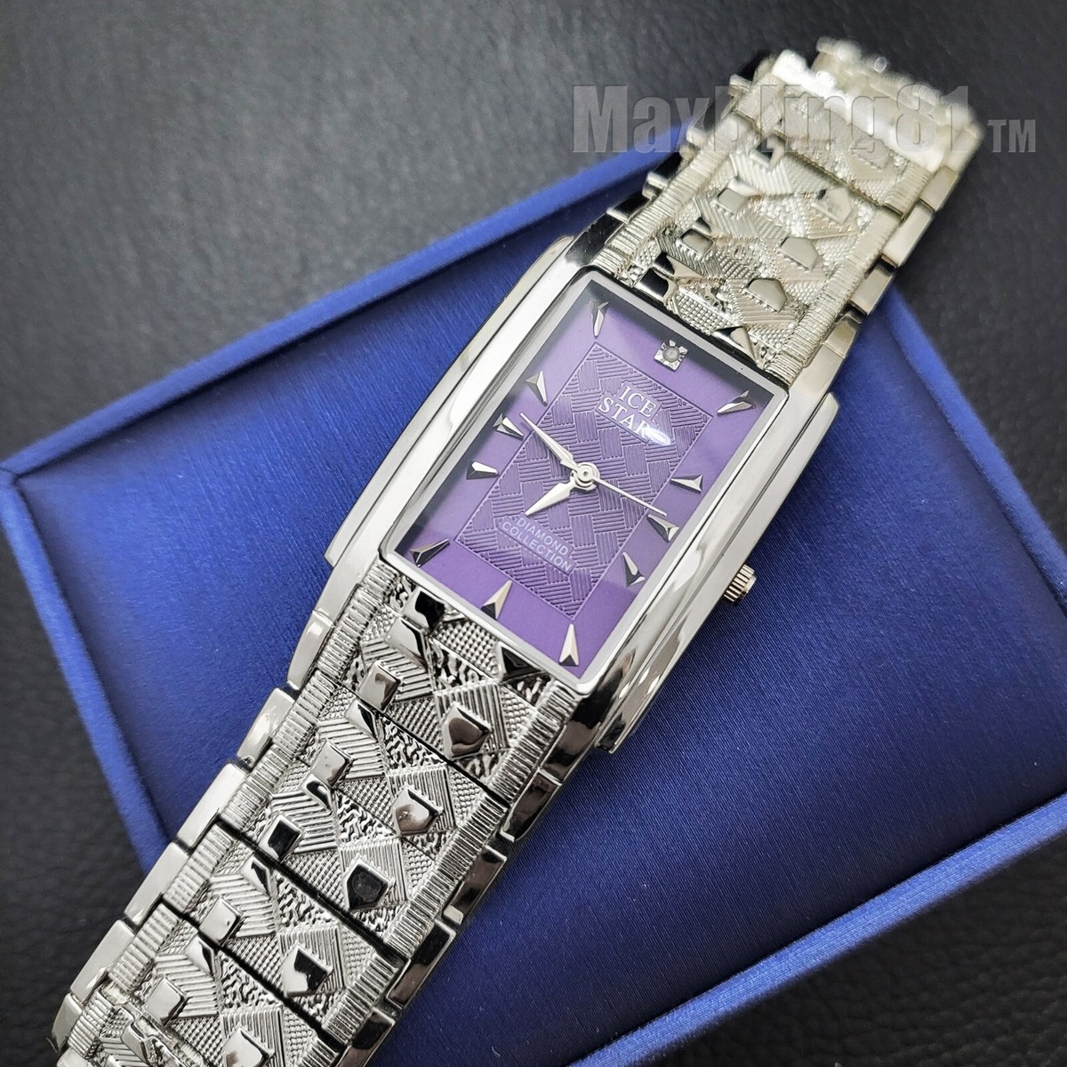 Men Square Watch Purple Dial Luxury Silver Finish Nugget Pattern Metal Gift