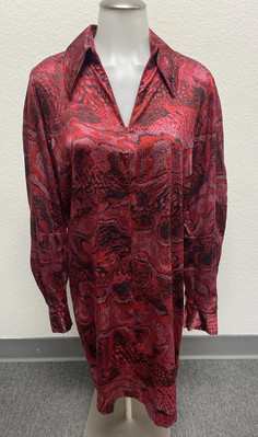 Ganni Red Snake Pattern Silk Satin Knee Length Collared Shirt Dress US Small 4 6