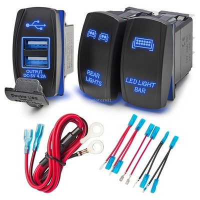 Rocker Switch LED Light Bar Rear Light & USB Charger Port for SUV RV Truck Boat
