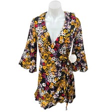 NEW Outrageous Fortune Multicolor Floral V-neck Bell Sleeve Mini Wrap Dress 2
