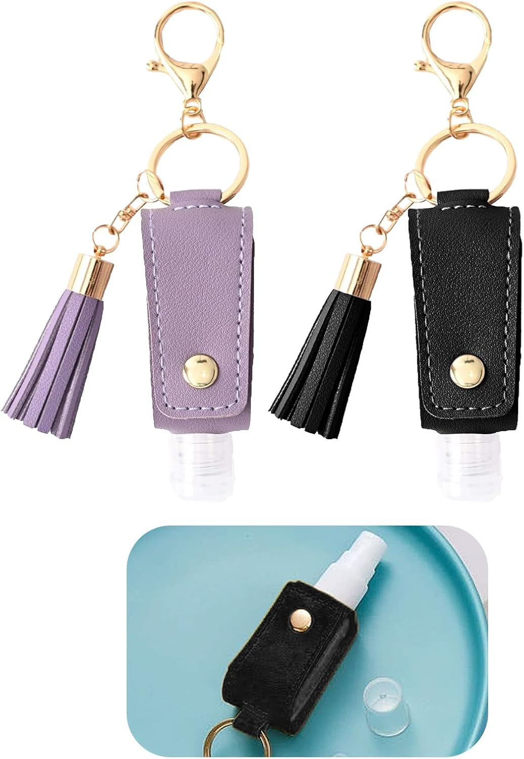 2 Pcs Multifunction Hand Sanitizer Holder Keychain, PU Leather Portable Travel B