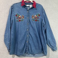 Vintage Bobbie Brooks Women's Christmas Denim Shirt Button-Up Long Sleeve Large