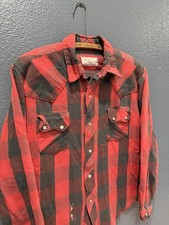 Vintage 60  s Red Cotton Plaid Pearl Snap Button Up Flannel Size Medium