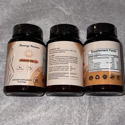 Set of 3 Sunless Tanning Gummies Natural Supplement Watermelon 60/bottle 3/2027