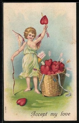 Artist postcard Cupid with bow, arrow and basket full of hearts, accept my love 1910 
