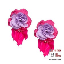 YUNXI Chiffon Acrylic Rose Petal Drop Dangle Earrings Bohemian Flower Hot Pink