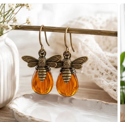 Retro Gold Bee Honey Drop Earrings - Image 1 of 3