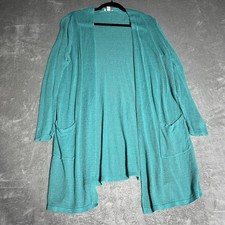 J Jill Cardigan Womens Medium Green Teal Duster Open Knit Linen Blend Beach