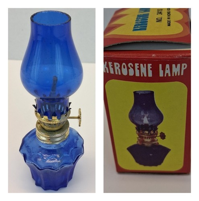 #ad VTG Mini Blue Glass Kerosene Oil Lamp NOS Hong Kong No. 341S w Box 1960s $19.95