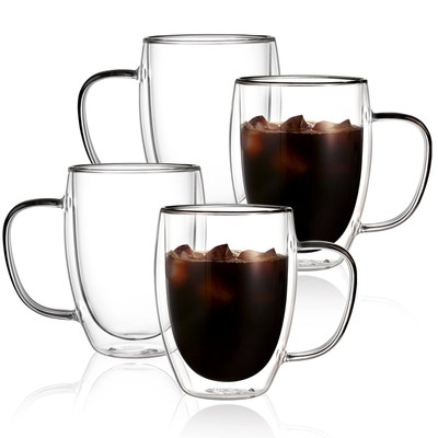 CNGLASS 12oz Double Walled Glass Coffee Mugs(4-pack),Insulated Glass Mugs wit...