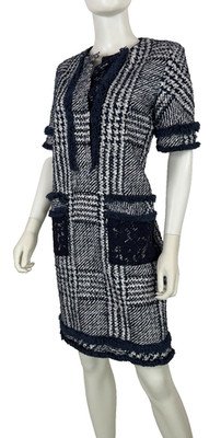 Caroline Herrera Indigo Painted Tweed Cotton Dress 8 US 44 IT M Zip Runway Auth
