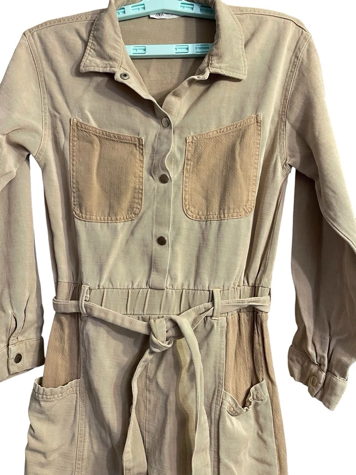 Zara Girls Sz 13-14 or Women’s S Cuffed Combo Tan Cargo Jumpsuit Ties 2 Tone - Изображение 3 из 4