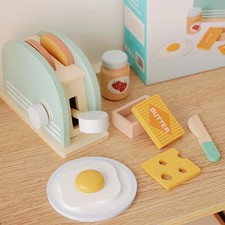 wooden Toaster Toy Set Kids Pretend Play Kitchen Bread Machine Educational Gift
