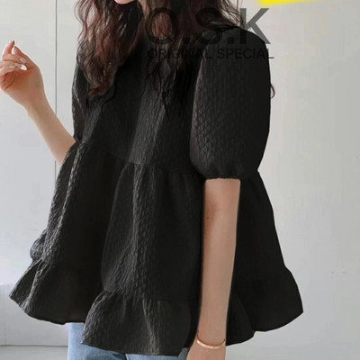 Women's Tops Bubble Sleeve Shirt Solid Color Ruffled Doll Shirt Sweet Loose Top