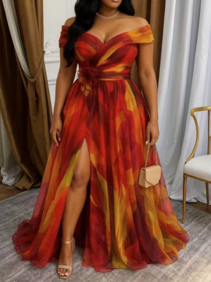 Maxi Vestido Talla Grande Hombro Descubierto abertura 3XL‐5XL Rojo Ladrillo Naranja Ombré