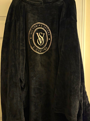 Victoria's Secret Signature Black Plush Fleece Logo Robe XL /XXL Belted Tie