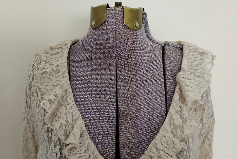 Y2K Lace Top Women's Ruffle Front & Neck Long Sleeve Coquette Blouse Ecru L - Image 2 of 4