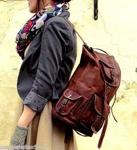 Men's and Women's New Brown Leather Back Pack Rucksack Travel and College Bag