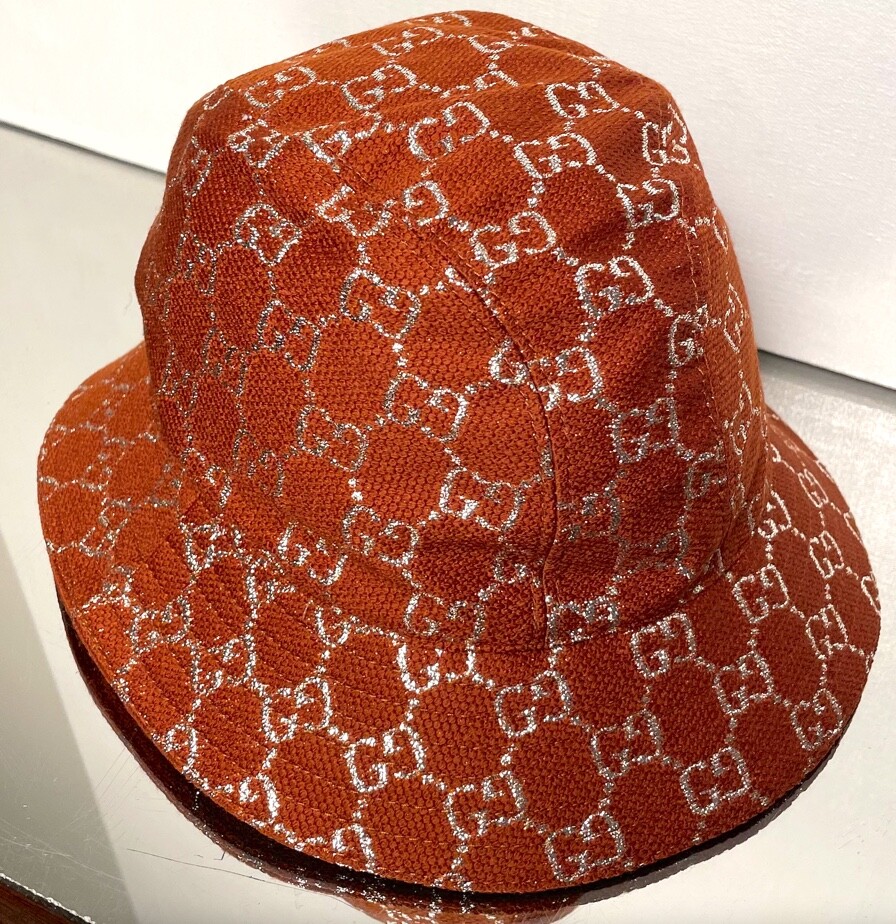 ハット GUCCI Printed Cotton Blend Hat GUCCI Rust Brown PALE GOLD GG LOGO LAME Wool Blend BUCKET