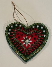 Green  Red Felt Heart Christmas Holiday Ornament handmade, Faux Pearls