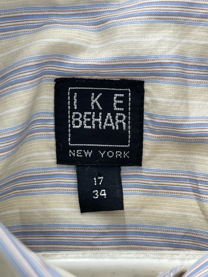 IKE Behar 男式纽扣正装衬衫尺寸 17 34 黄色蓝色条纹长袖 — 第 4/4 张图片