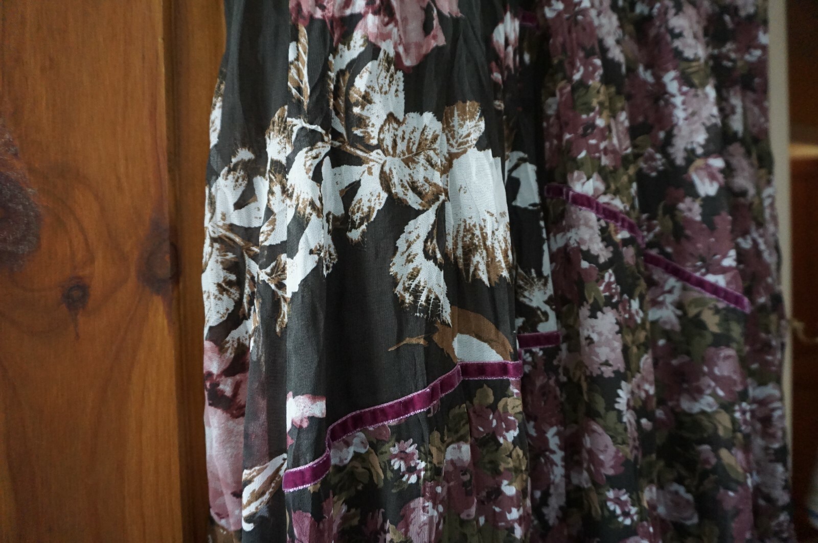 Khaki floral pink velvet trim crinkle ethnic hippie boho gypsy festival skirt 16 image 3