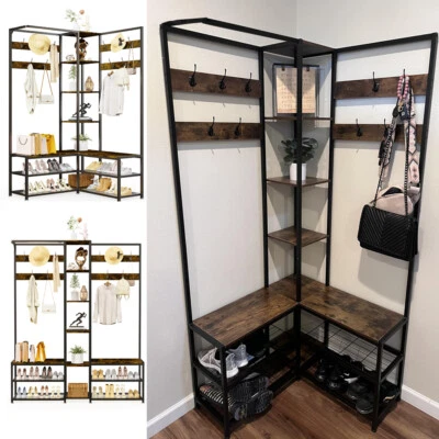 XXL Garderobenständer 10 haken Schuhregal Sitzfläche Metall Flurgarderobe Eck DE - Bild 1 von 4