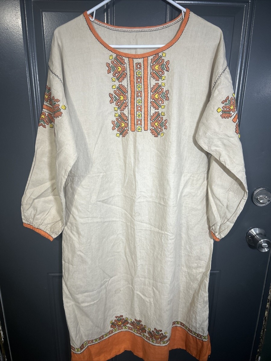 Vintage Ethnic Boho Tribal Kaftan Maxi Dress Embellished Handmade Orange  Green