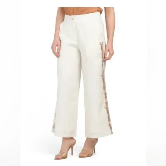 ELIE TAHARI LINEN EMBROIDERED IVORY NEUTRAL COMBO WIDE LEG