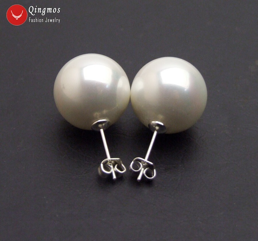 Pendientes redondos de perlas con caparazón de mar blanco de 16 mm para mujer