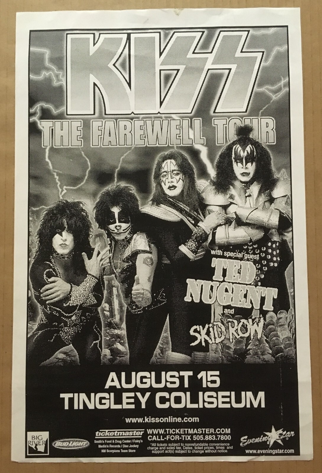 KISS w/ SKID ROW Ted Nugent 2000 PROMO Concert Gig TOUR Poster New Mexico 11x17